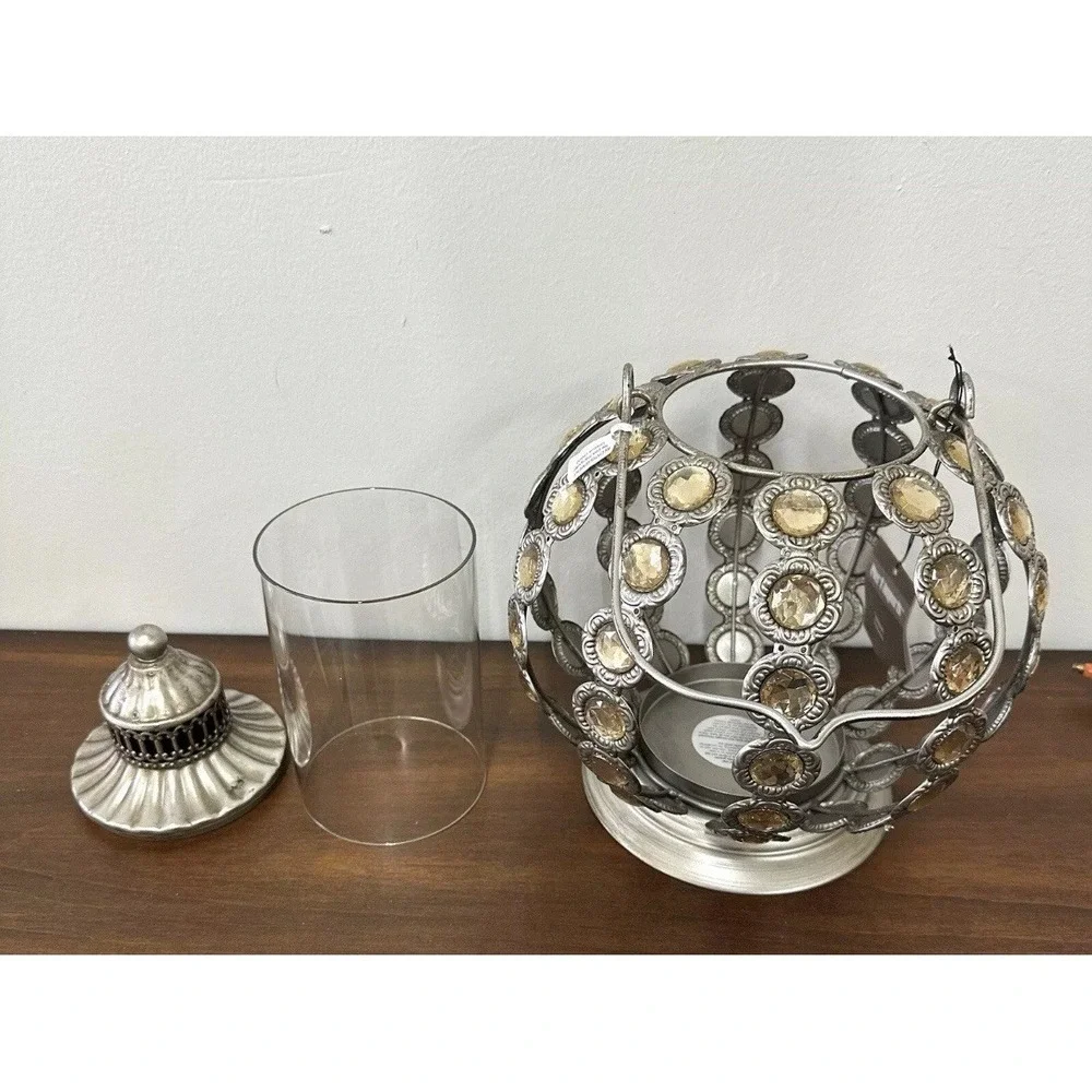 Vintage Silver Metal Beaded Candle Holder Lantern PATIO Decor